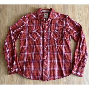 Levi’s Pearl Snap Flannel Shirt Mens L Plaid Orange Pink Modern Fit Hipster